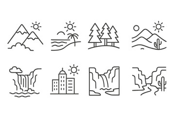 Vector icons showcasing various landscapes including mountains, waterfalls, beaches, and forests under clear skies