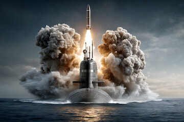 Submarine launching missile at sea with powerful smoke clouds and ocean waves