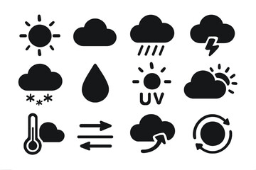 Weather vector icons depicting various meteorological conditions including sun, rain, snow, and clouds for design projects