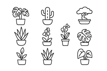 Vector icon set featuring various plant designs in pots suitable for digital art and graphic projects