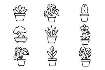 Collection of vector icons featuring various houseplants in simple pot designs © icon_art
