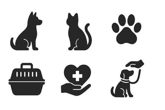 Vector icon collection depicting pets, veterinary care, and pet accessories in a simple flat design suitable for various applications