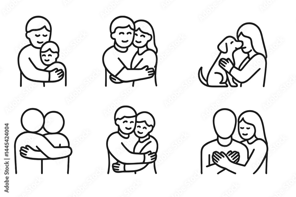Poster icon set depicting various forms of affection including families embracing and pet interactions in a