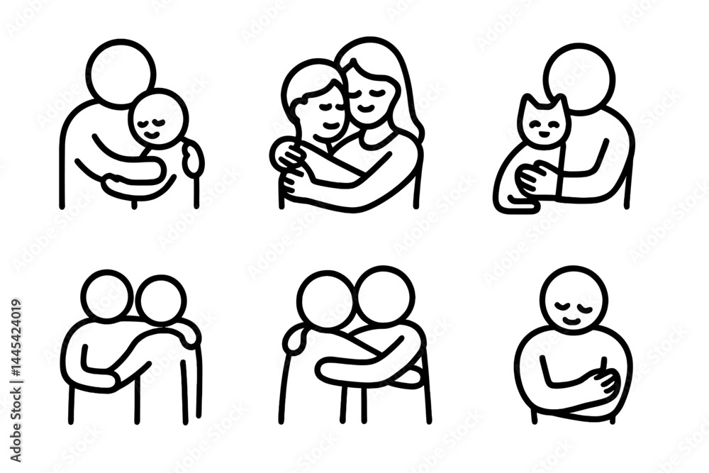 Poster multiple vector icons depicting affectionate relationships between people and pets in a minimalistic