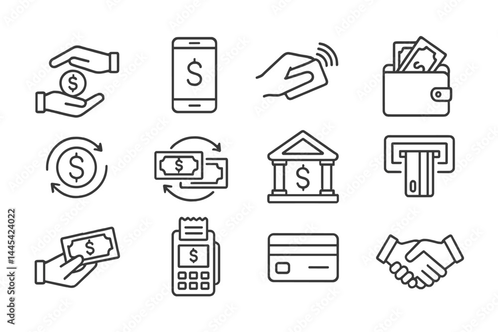 Poster collection of vector icons representing various payment methods and financial transactions in a mode