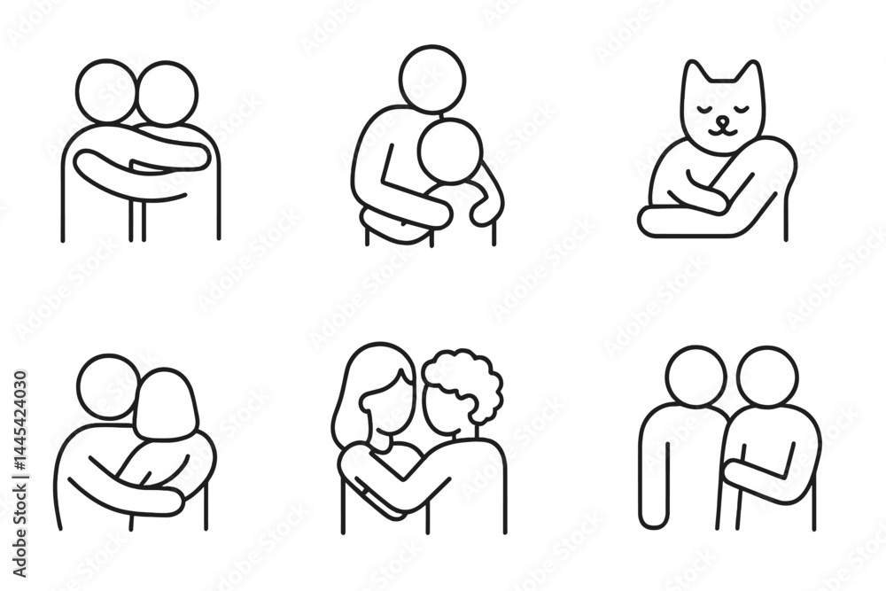 Aufkleber vector icons of various embracing figures including people and a cat in a minimalistic style