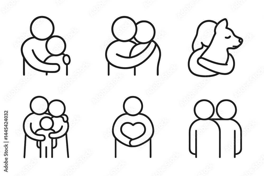 Poster vector icons illustrating various forms of affection and connection between people and animals in si