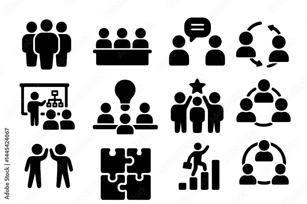 Poster vector icons representing teamwork, collaboration, and communication in a professional setting for v