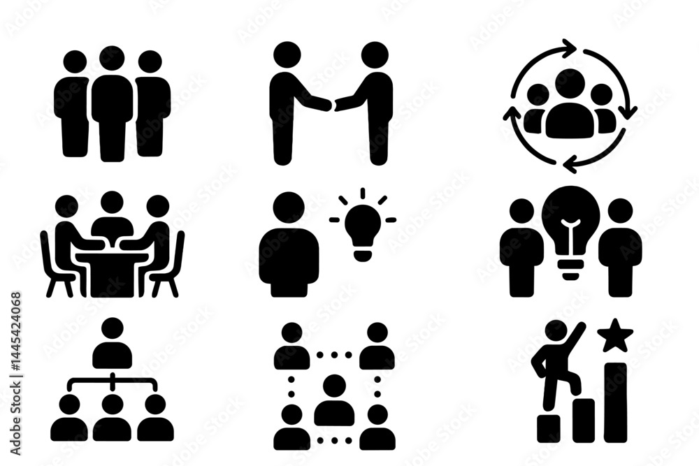 Poster vector icons depicting teamwork, collaboration, and networking in a professional environment