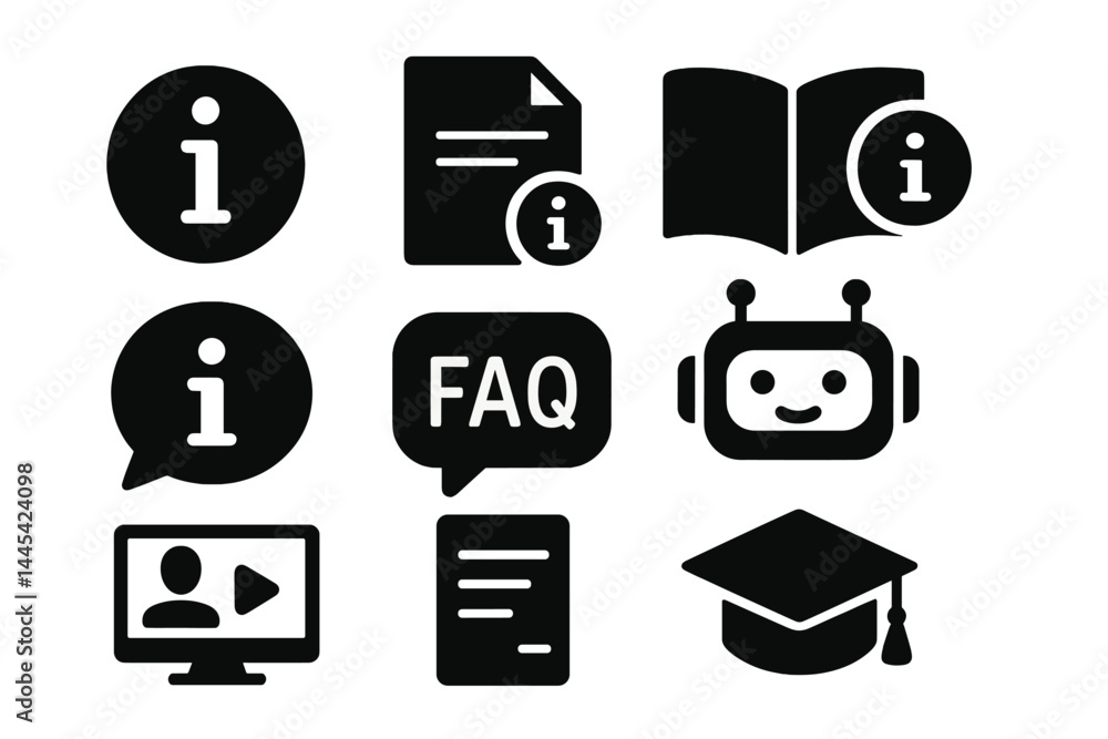Poster vector icon set representing information, education, and support in various formats and styles for d