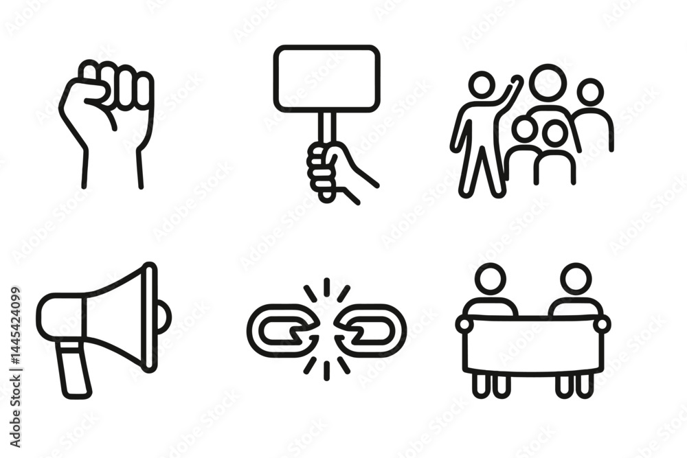 Poster protest symbols representing unity, activism, and social change in a minimalist vector style