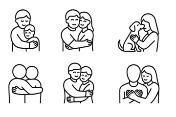 Icon set depicting various forms of affection including families embracing and pet interactions in a minimalistic vector style