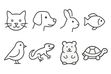 Vector icons representing various pets and animals in a simple outline design showcasing a cat, dog, rabbit, fish, bird, lizard, bear, and turtle