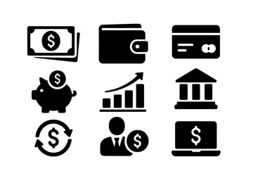 Vector icons of financial concepts including money, banking, and investment activities