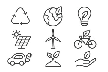 Vector icon set showcasing concepts of sustainability and renewable energy in a simple and modern design