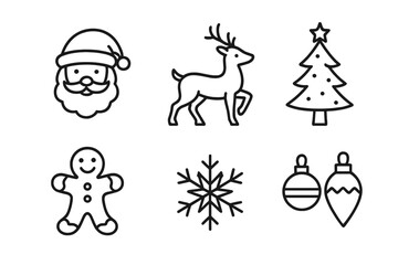 Vector icons depicting Christmas elements including Santa, reindeer, tree, gingerbread man, snowflake, and ornaments