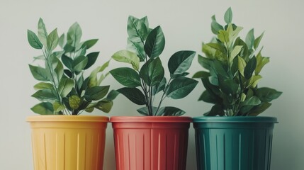 Three green plants in brightly colored pots on a white background, great for home decor or gardening blogs.