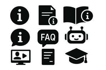 Vector icon set representing information, education, and support in various formats and styles for digital resources