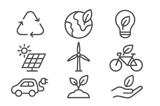 Vector icon set showcasing concepts of sustainability and renewable energy in a simple and modern design