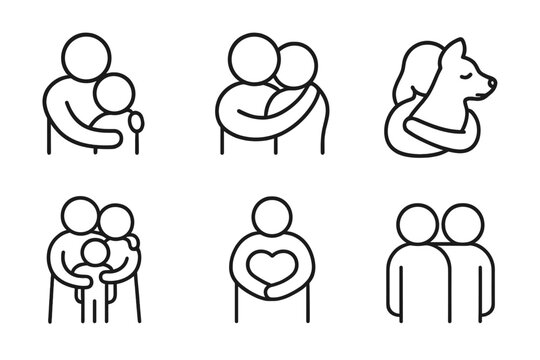 Vector icons illustrating various forms of affection and connection between people and animals in simple line art style