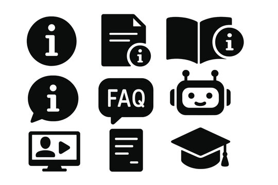 Vector icon set representing information, education, and support in various formats and styles for digital resources