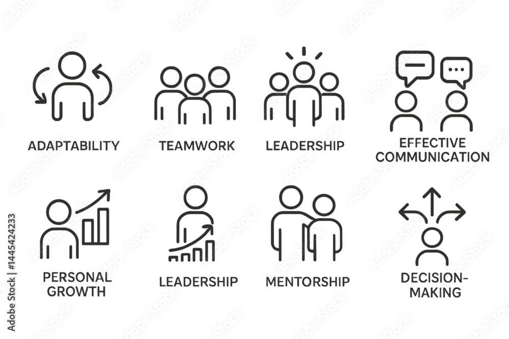 Poster vector icons representing key skills for personal and professional development in a workplace settin