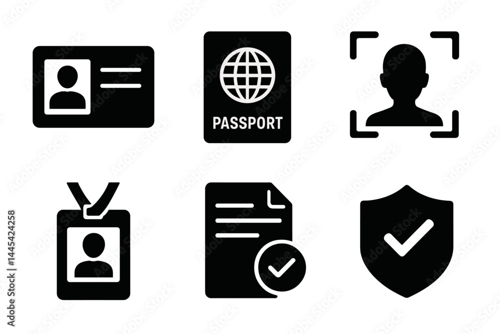 Poster vector icons representing identification documents and certification for secure verification process