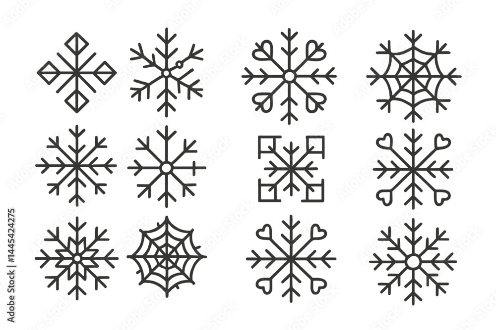 Poster vector icons of various snowflake designs in distinct shapes and patterns suitable for winter-themed