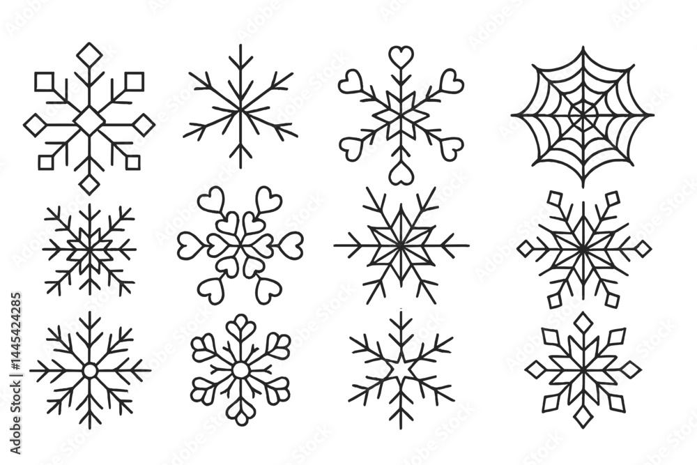 Poster decorative snowflake and web vector icons featuring various designs and styles for seasonal themes a