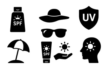 Essential sun protection icons featuring sunscreen, hat, sunglasses, umbrella, UV shield, and sun-aware head graphic