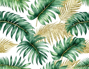 Naklejka premium Tropical Green and Gold Palm Leaves Seamless Pattern