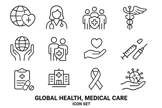 Vector icons representing global health and medical care topics including care providers, patients, and health symbols