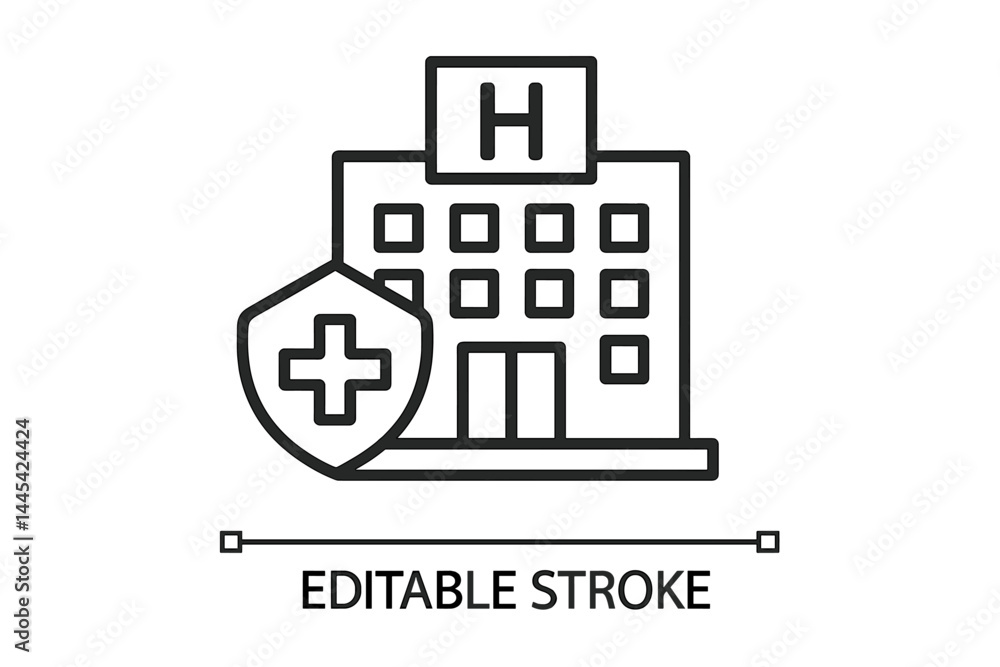 Poster hospital building icon with shield symbolizing healthcare and security in a simplified vector design