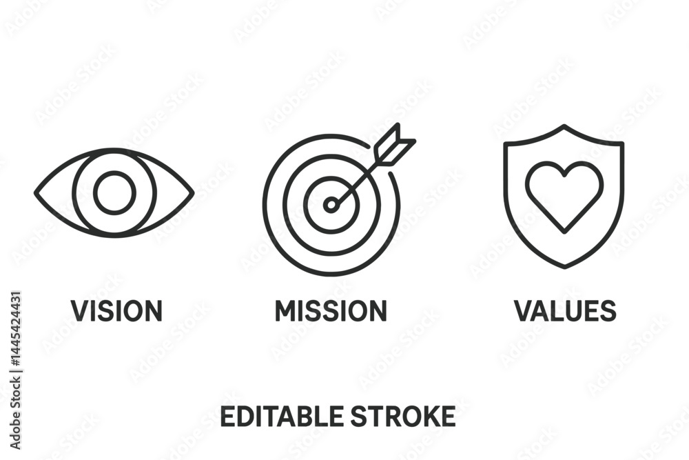 Poster vector icons representing vision, mission, and values in an organizational context for graphic desig