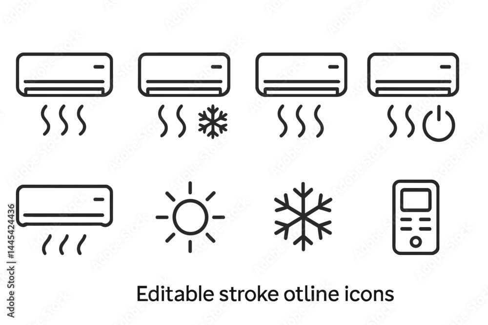 Poster vector icons representing air conditioning functions including cooling, heating, and control options