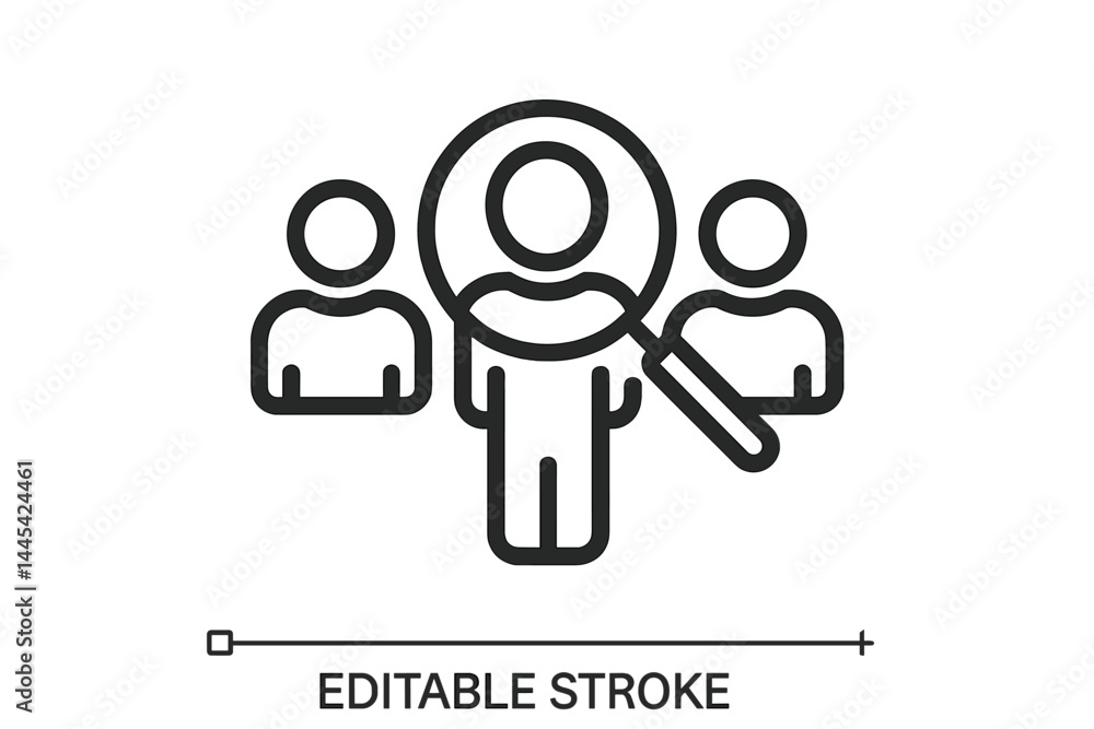 Poster vector icon representing user selection with a magnifying glass and two surrounding figures for illu