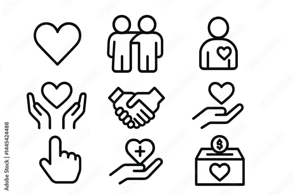 Poster vector icons depicting themes of love, care, and community with gestures of support and charitable a