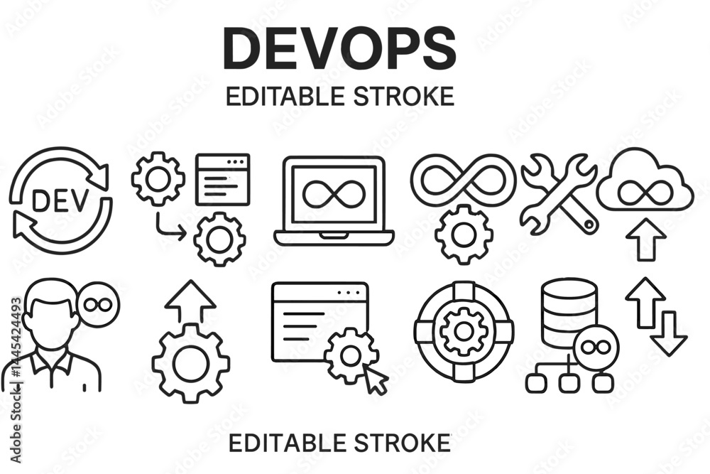 Poster devops vector icon set featuring development tools, cloud symbols, and continuous integration elemen