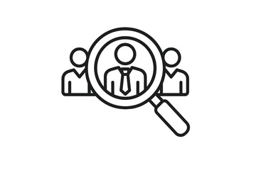 Vector icon depicting a person being searched for among others in a business context with a magnifying glass representing recruitment activity