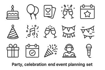 Vector icon set for party, celebration, and event planning with various related symbols, including decorations, food, and activities