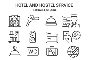 Hotel and hostel service vector icon set featuring keys, bell, luggage, and staff symbols for hospitality representation
