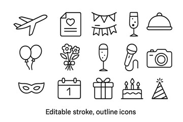 Vector icons representing various celebration and event elements including travel, parties, and gifts for creative projects