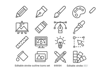 Vector icon collection of artistic tools and design elements showcasing creativity and graphic design concepts