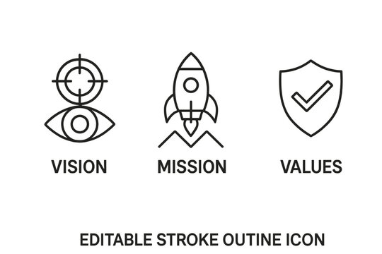 Vector icon set illustrating vision, mission, and values for business branding and strategic planning