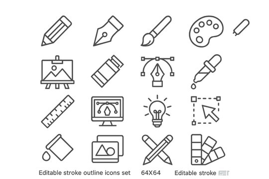 Vector icon collection of artistic tools and design elements showcasing creativity and graphic design concepts