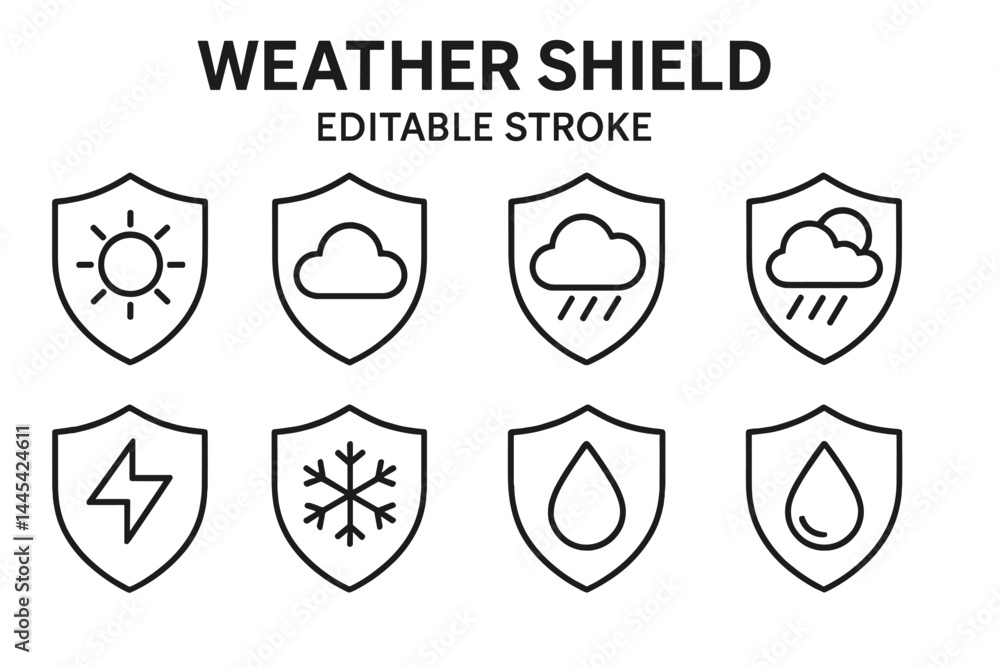 Poster weather shield vector icons showcasing various weather conditions in a simple and clean design for v