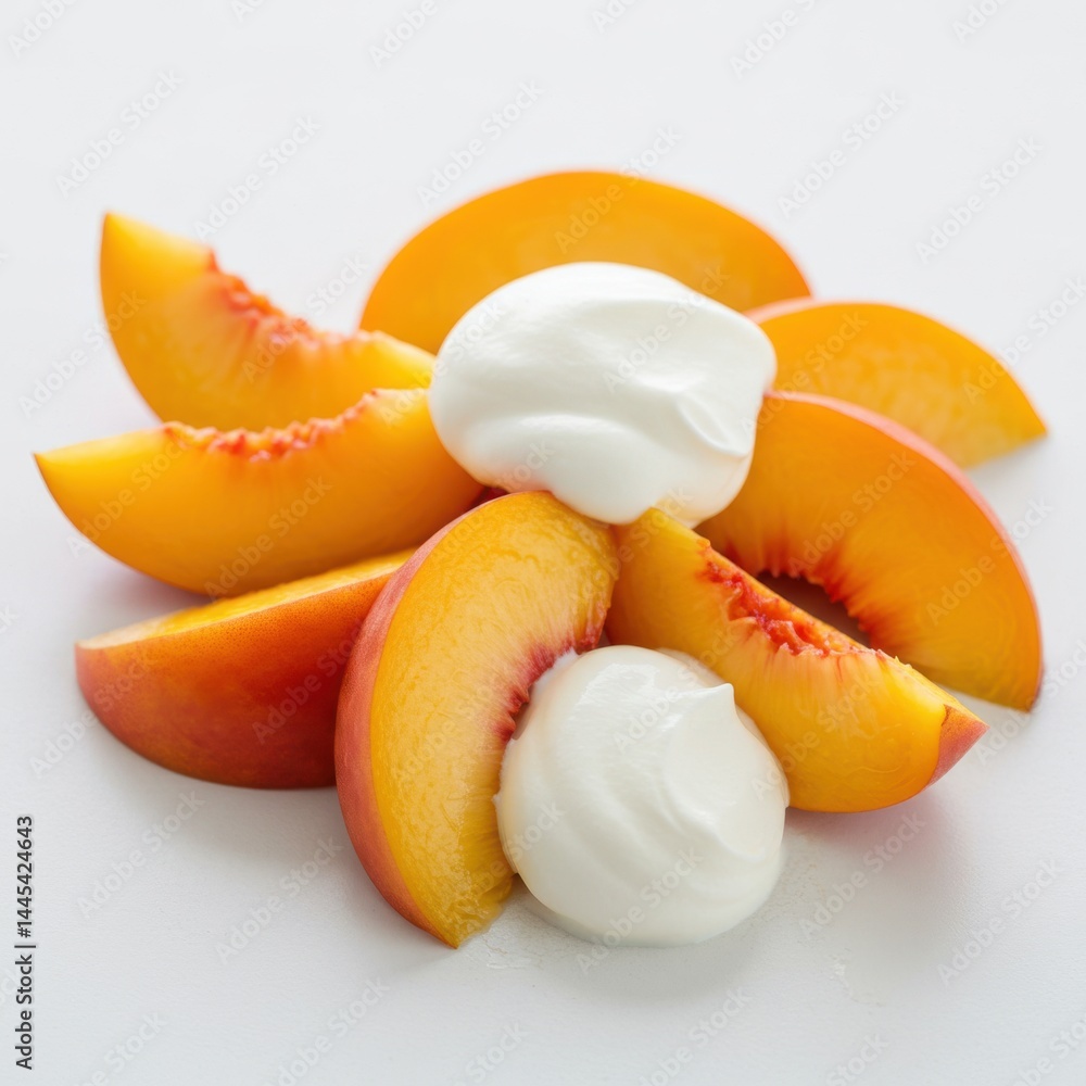 Poster sliced peaches arranged with dollops of white cream on a white surface creating a simple dessert dis