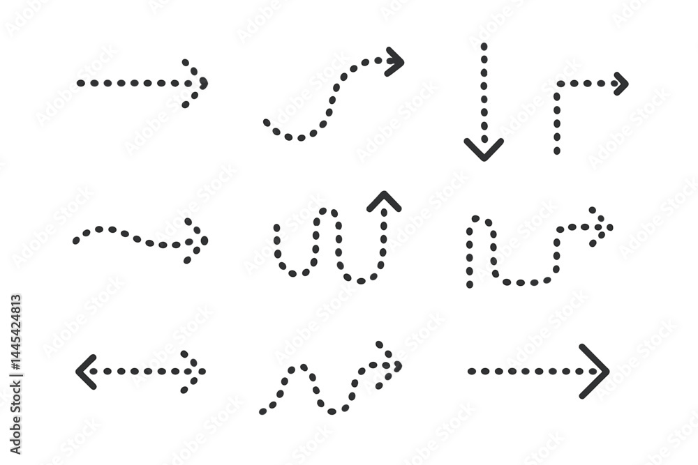 Poster vector icon of various dotted arrow designs showcasing direction and movement in a simple and modern