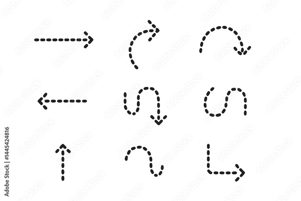 Poster dotted vector icons representing various directional arrows and curves for visual communication and 