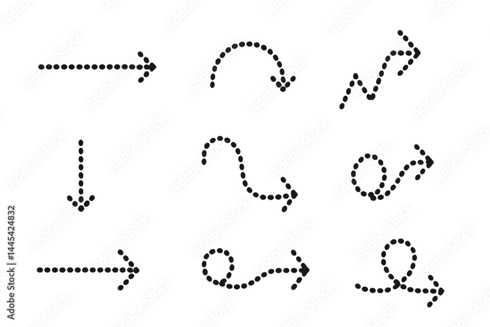 Poster dotted vector icon collection featuring various directional arrows and curves suitable for design pr